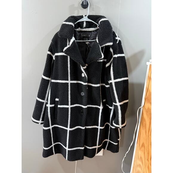 2X Jessica Simpson Windowpane Sherpa Teddy Coat Black & White - Picture 1 of 3